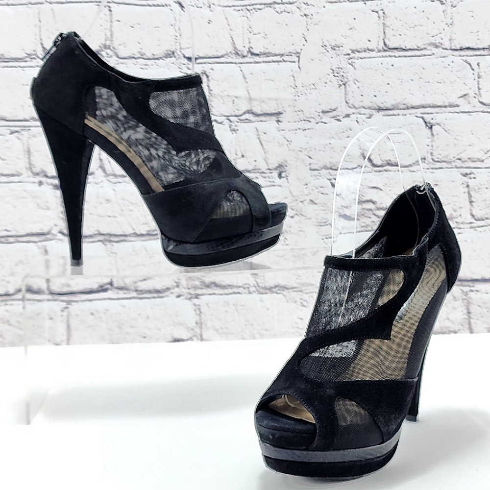 H BY HALSTON - Stilleto heels, 5", platform, black, open-toe, zipper, size 6.5